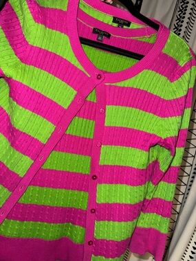 Vintage Talbots Hot Pink and Lime Green Striped Cardigan / Tank Set